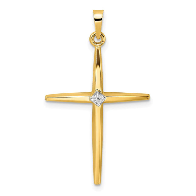 14k Two-tone Polished Solid Diamond Shape Center Cross Pendant, 34 x 21.2mm