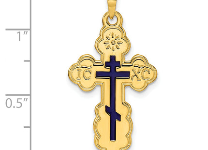 14k Polished Eastern Orthodox Blue Enamel Solid Cross Pendant, 33.15 x 17.43mm