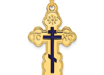 14k Polished Eastern Orthodox Blue Enamel Solid Cross Pendant, 33.15 x 17.43mm