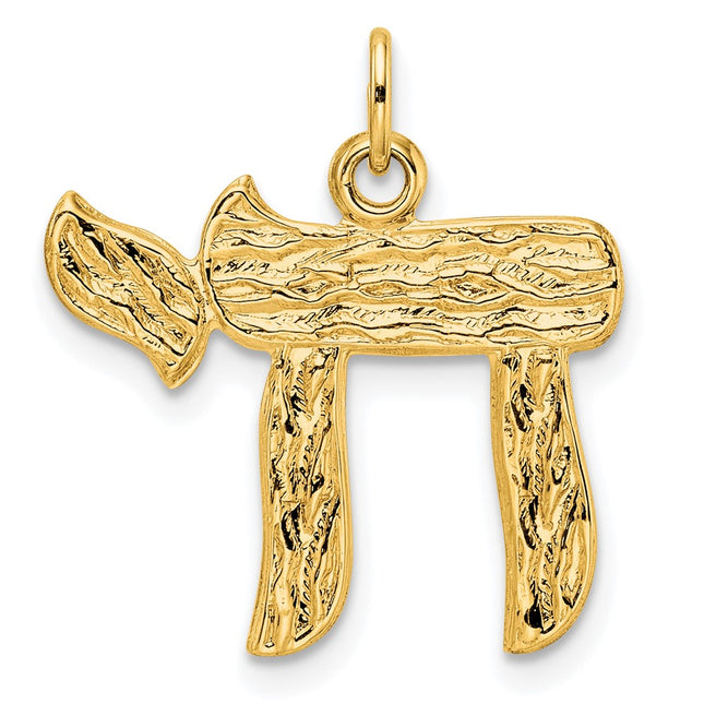 14k Polished and Textured Solid Chai Symbol Pendant, 22 x 20.46mm
