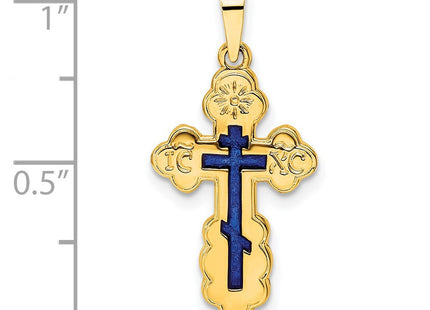 14k Polished Eastern Orthodox Blue Enamel Solid Cross Pendant (Style XR2022)