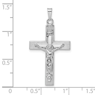 14K White Gold Polished Solid Inri Striped Crucifix Pendant, 34.6 x 19mm
