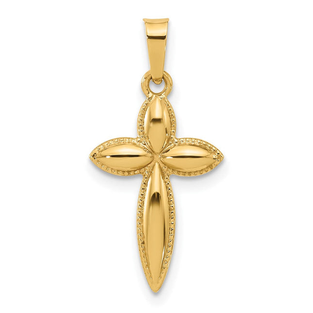 14k Polished and Beaded Hollow Edge Passion Cross Pendant, 24.2 x 12.4mm
