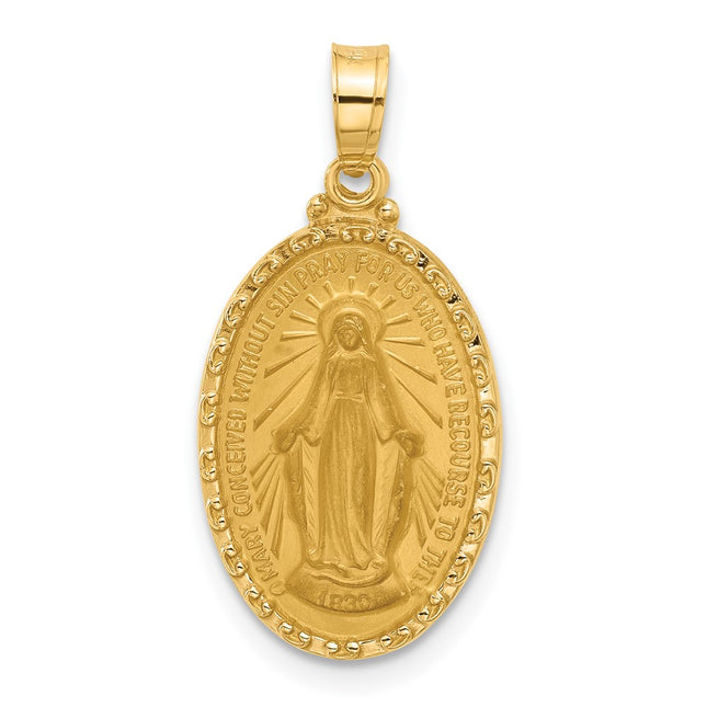 14k Satin and Polished Miraculous Medal Solid Oval Pendant, 24.9 x 12.8mm