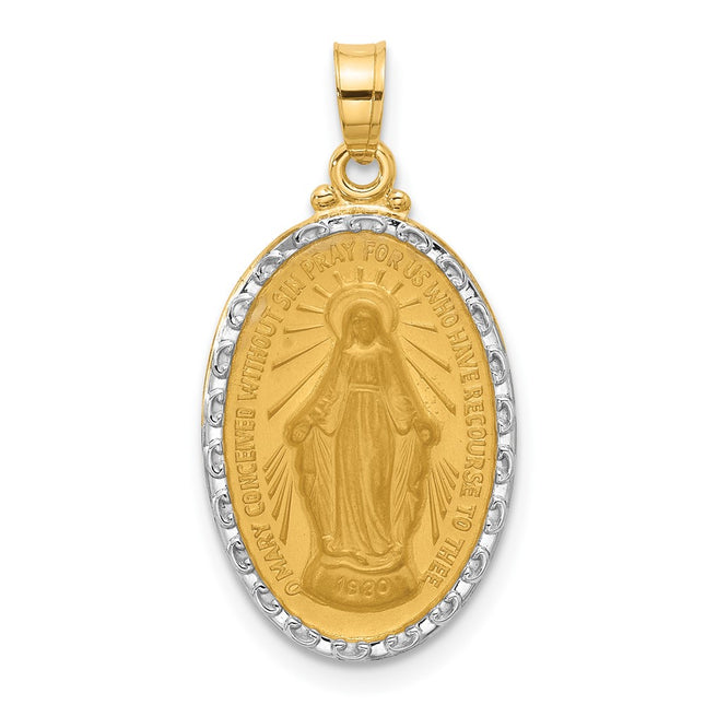 14K with Rhodium Satin and Polished Miraculous Medal Solid Oval Pendant, 27 x 14.4mm