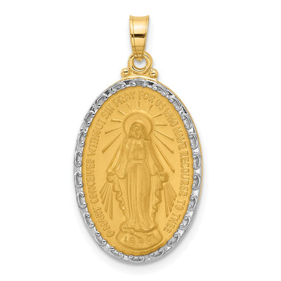 14K with Rhodium Satin and Polished Miraculous Medal Solid Oval Pendant, 29.9 x 16.1mm