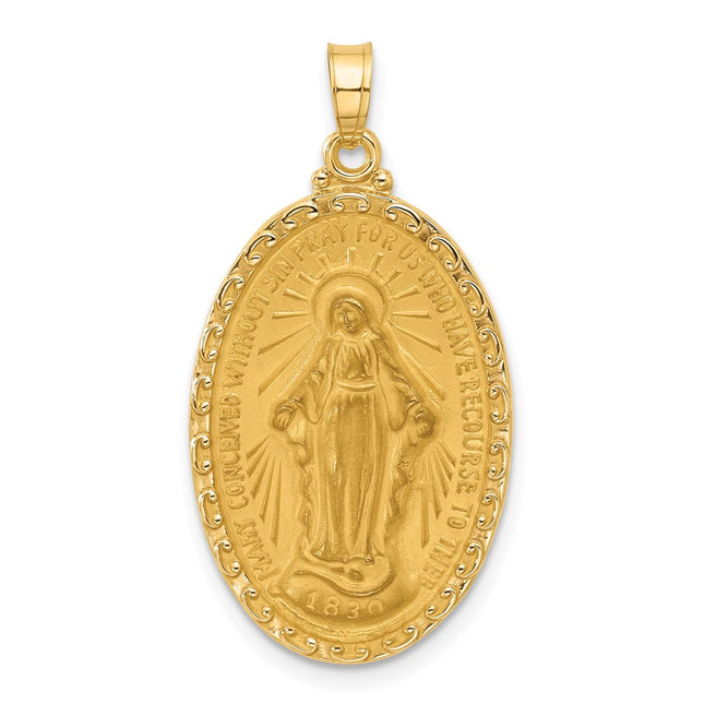 14k Satin and Polished Miraculous Medal Solid Oval Pendant, 33 x 17.6mm