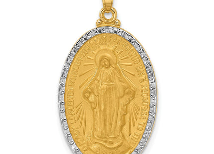 14K with Rhodium Satin and Polished Miraculous Medal Solid Oval Pendant (Style XR2118)
