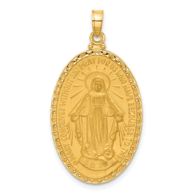 14K Satin and Polished Miraculous Medal Solid Oval Pendant, 36.2 x 19.4mm