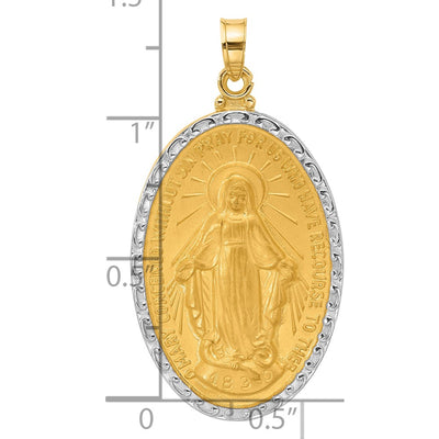 14K with Rhodium Satin and Polished Miraculous Medal Solid Oval Pendant, 36.3 x 19.4mm
