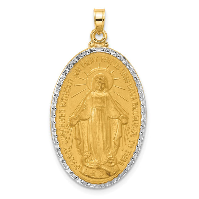 14K with Rhodium Satin and Polished Miraculous Medal Solid Oval Pendant, 37.7 x 21.2mm
