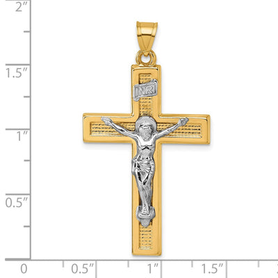 14K with White Rhodium Polished Inri Crucifix Cross Pendant, 45.0 x 24.7mm