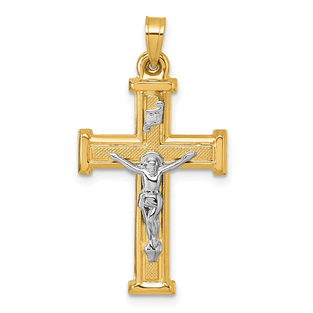 14K With White Rhodium Polished And Textured Inri Crucifix Cross Pendant14K Yellow Rhodium, 32.1 x 17.4mm