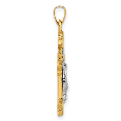 14K with White Rhodium Polished Fleur de Lis Inri Crucifix Cross Pendant, 36.3 x 20.3mm
