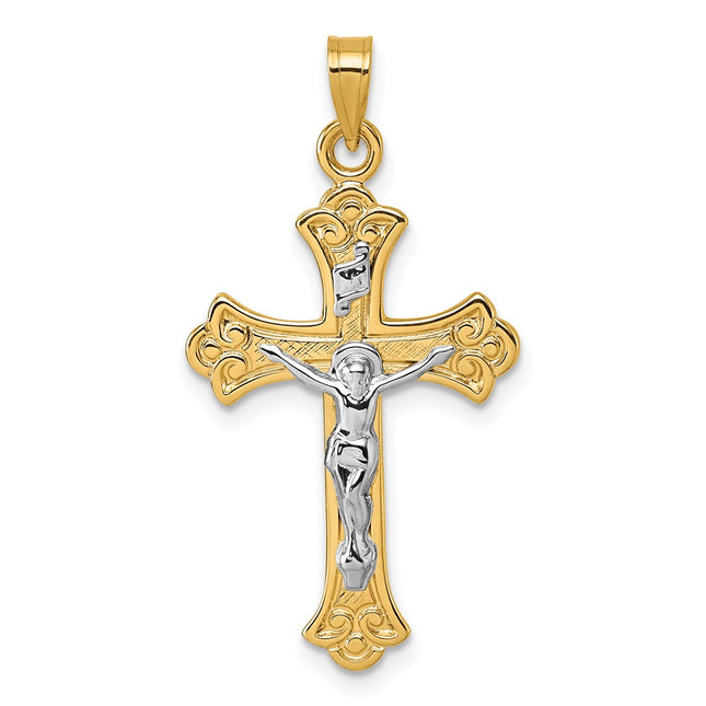 14k with White Rhodium Polished Fleur de Lis Inri Crucifix Cross Pendant, 30.9 x 17.5mm