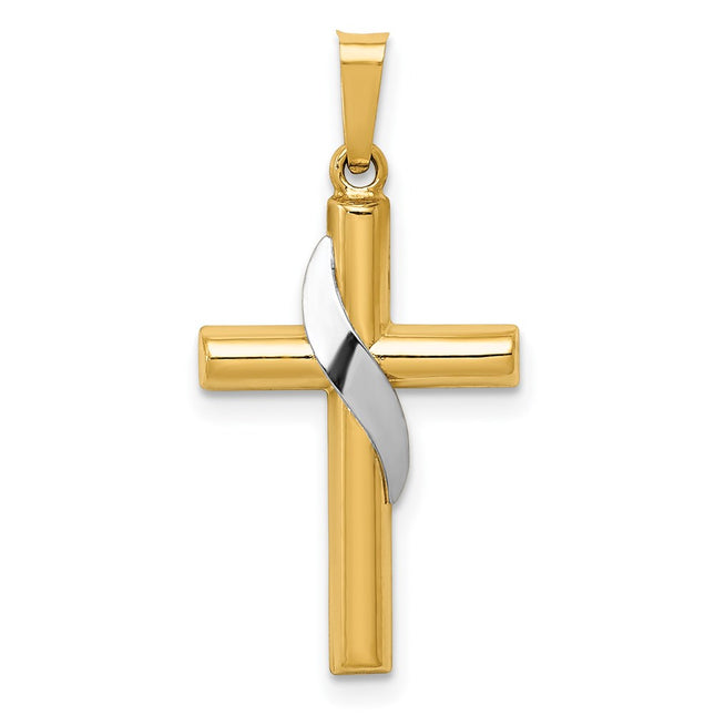 14K Two-Tone Hollow Cross w/Drape Charm, 28 x 14mm