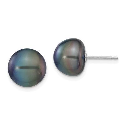 14K White Gold Black Button Freshwater Cultured Pearl Stud Post Earrings