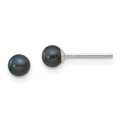 14K White Gold Black Round Freshwater Cultured Pearl Stud Post Earrings