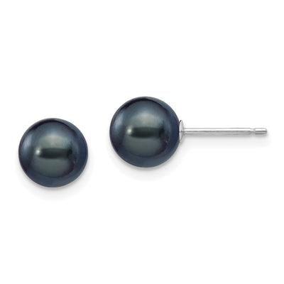 14K White Gold Black Round Freshwater Cultured Pearl Stud Post Earrings
