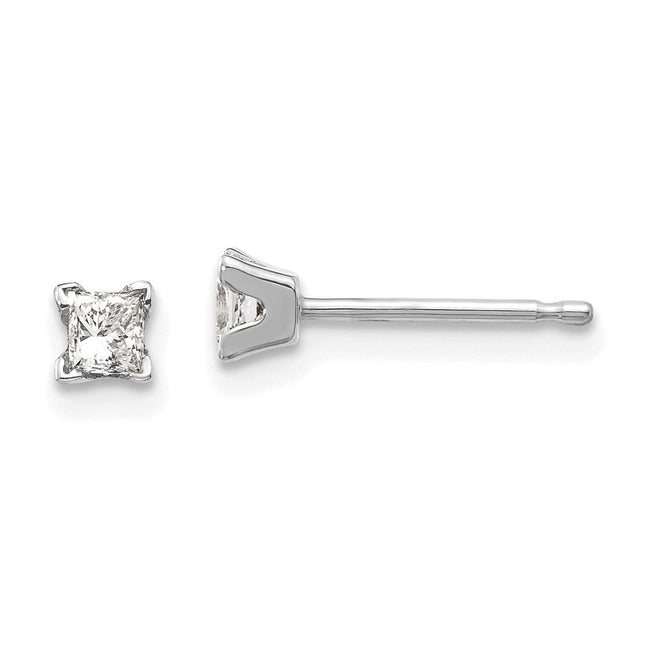 14k White Gold AA Quality Complete Princess Cut Diamond Earrings, 3.5 x 3.5mm