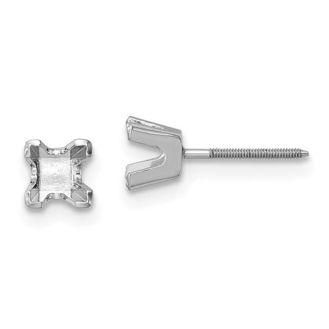 14k White Gold Princess Cut Stud Earring Mountings, 3.75 x 3.75mm