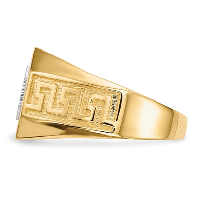 14K White Gold/ Rhodium Mens Micro Pavé CZ Octagon & Greek Key Ring