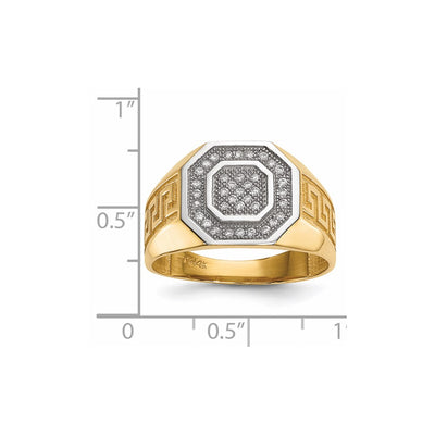 14K White Gold/ Rhodium Mens Micro Pavé CZ Octagon & Greek Key Ring