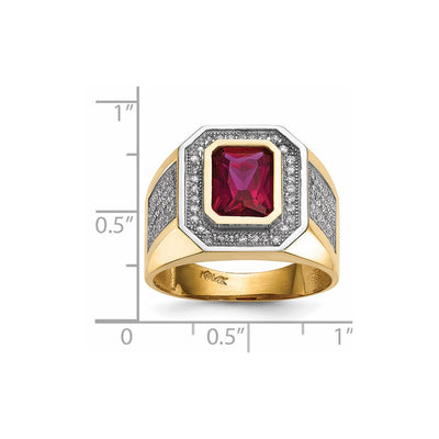 14K w/Rhodium CZ & Emerald-cut Red CZ Mens Ring