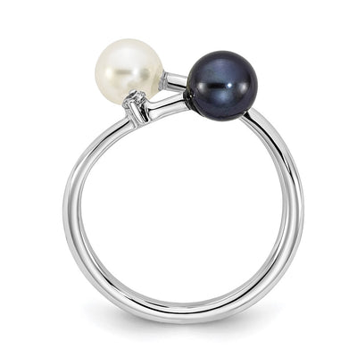 14K White Gold Black and White Round Akoya Saltwater Cultured Pearl and .04 Carat Diamond Adjustable Ring