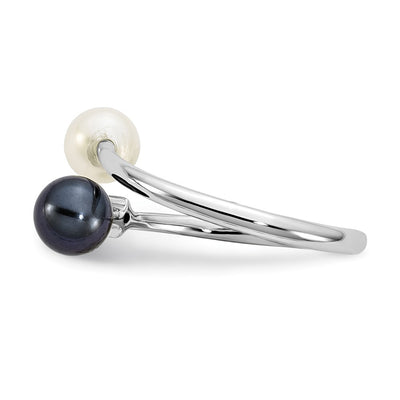 14K White Gold Black and White Round Akoya Saltwater Cultured Pearl and .04 Carat Diamond Adjustable Ring