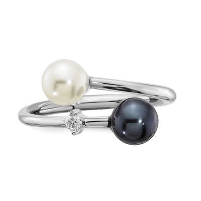 14K White Gold Black and White Round Akoya Saltwater Cultured Pearl and .04 Carat Diamond Adjustable Ring