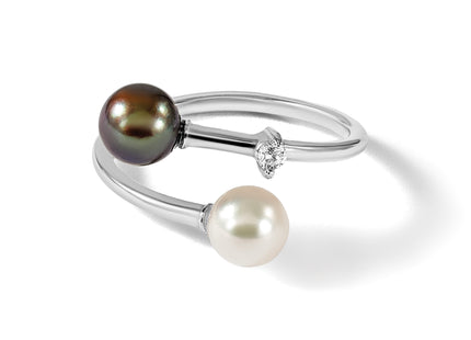 14k White Gold 5- Black and White Round Akoya Saltwater Cultured Pearl and .04 Carat Diamond Adjustable Ring