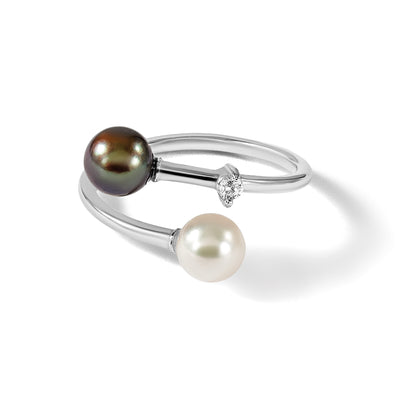 14K White Gold Black and White Round Akoya Saltwater Cultured Pearl and .04 Carat Diamond Adjustable Ring