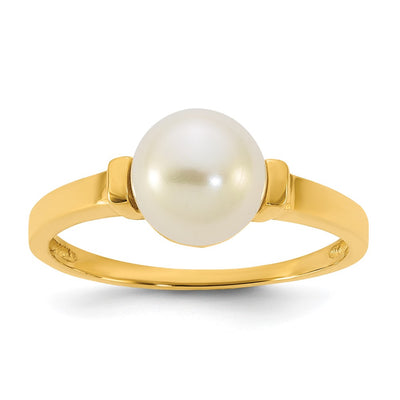 14K Polished Button White Freshwater Cultured Pearl Size 7 Ring