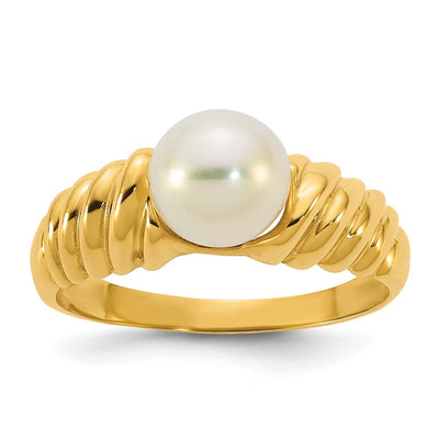 14K Polished Round White Freshwater Cultured Pearl Size 7 Scalloped Shank Ring