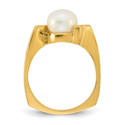 14K Polished Button White Freshwater Cultured Pearl Size 7 Square Shank Ring