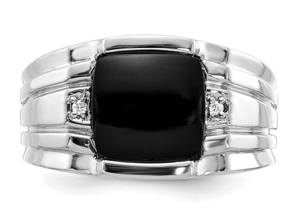 IB Goodman 14K White Gold Cushion Onyx and AA Diamond Men's Grooved Ring, view 4