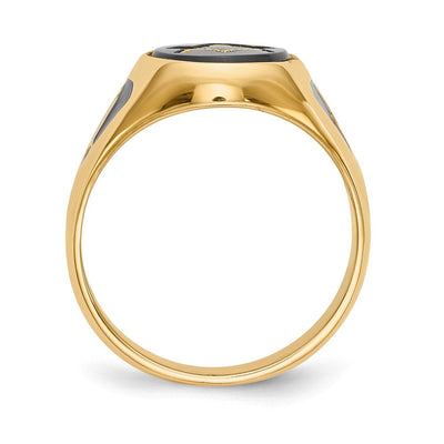 14K Men's Polished and Textured with Black Enamel and Oval Onyx Masonic Ring