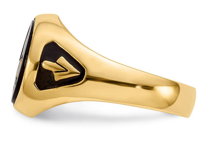 14k Men's Polished and Textured with Black Enamel and Oval Onyx Masonic Ring (Style Y1581M)