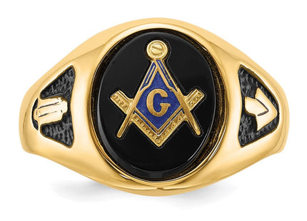 14k Men's Polished and Textured with Black Enamel and Oval Onyx Masonic Ring (Style Y1581M)