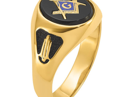 14k Men's Polished and Textured with Black Enamel and Oval Onyx Masonic Ring (Style Y1581M)