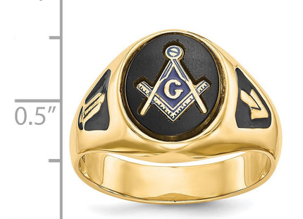 14k Men's Polished and Textured with Black Enamel and Oval Onyx Masonic Ring (Style Y1581M)