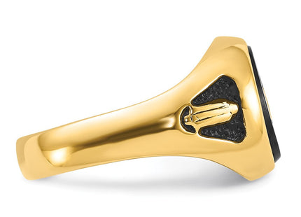 14k Men's Polished and Textured with Black Enamel and Oval Onyx Masonic Ring (Style Y1581M)