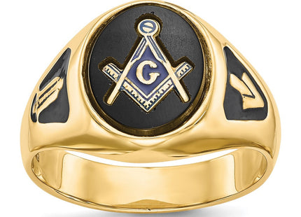 14k Men's Polished and Textured with Black Enamel and Oval Onyx Masonic Ring (Style Y1581M)