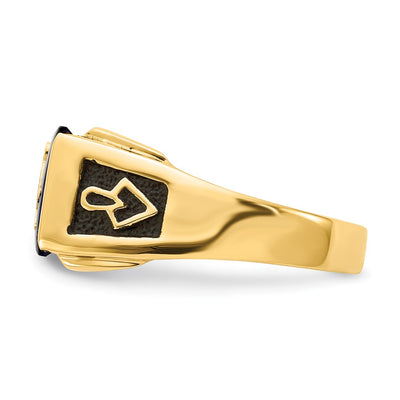 14K Men's Polished and Textured with Black Enamel, Imitation Blue Spinel and Diamond Masonic Ring