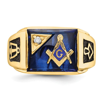 14K Men's Polished and Textured with Black Enamel, Imitation Blue Spinel and Diamond Masonic Ring