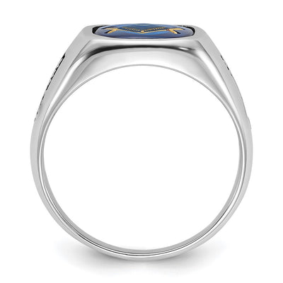 14K White Gold Men's Polished and Grooved with Black Enamel and Imitation Blue Spinel Masonic Ring