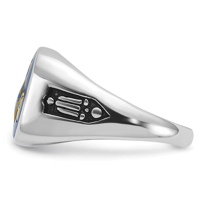 14K White Gold Men's Polished and Grooved with Black Enamel and Imitation Blue Spinel Masonic Ring