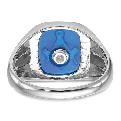 14K White Gold Men's Polished and Grooved with Black Enamel and Imitation Blue Spinel Masonic Ring