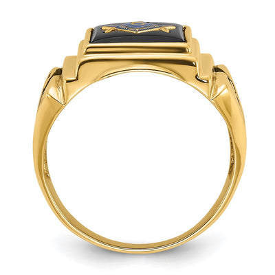 14K Men's Polished and Textured with Black Enamel and Onyx Masonic Ring